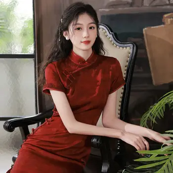 Burgundia Paranenud Cheongsam Lady Pikk Qipao Elegantne Uus Aasta Hiina Kleidid Seksikas Naiste Vestidos Cheongsams Casual Kleit