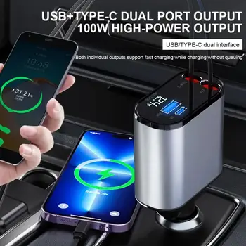 100w 4 IN 1 Ülestõstetav Auto Laadija USB Type C Kaabel IPhone, Samsung Kiire Tasuta Juhe sigaretisüütaja Adapter