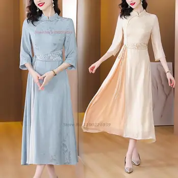 2024 hiina traditsiooniline kleit cheongsam naiste vintage qipao riiklike flower print kleit idamaine pidulik pool õhtul kleit