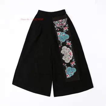 2024 hiina vintage püksid pantalones riigi harajuku naiste elastne vöökoht lai jalg püksid lille tikandid lahti püksid