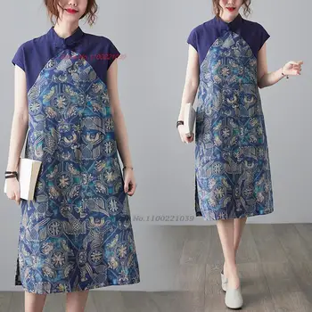 2024 naiste vintage cheongsam hiina paranenud qipao kleit riiklike flower print puuvillast voodipesu qipao elegantne segast kleit