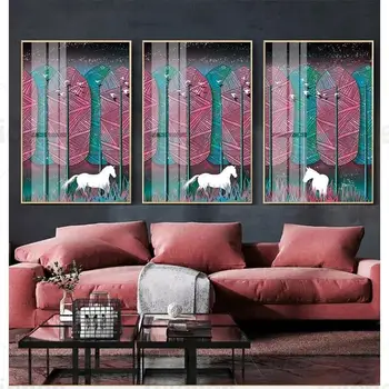 Abstraktne elutuba Decor Rida Lehed Puu Valge Hobune Töötab Muru Maastik Plakat ja printimine Lõuendile Maali Seina Art Hangin