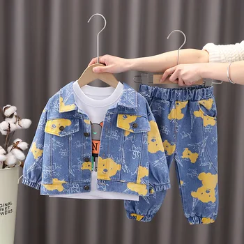 Baby Boutique Poisid Tüdrukud Määratud Varustus Kevad Sügis Fashion Cartoon Kampsun, Denim Mantlid + Valge T-särk + Püksid Kids Riided