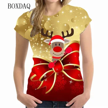 Cartoon Christmas Hirv Naiste 3D T-särgid, Lühikesed Varrukad Fashion Streetwear Prindi Jõulud Stiilis Daamid Tees Liiga Casual Tops