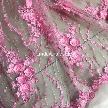 Euroopa roosa pärlitest lille tikand, pits kangas,pulmad kleit kangast,130cm*45cm(pool õue)/tk