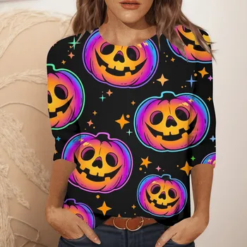 Halloween Naiste Pullover 3 4 Varruka Tops Särk Pluus Vabaaja Ümber Kaela Trükitud Särk Mood Naiste Topid Ja Tees