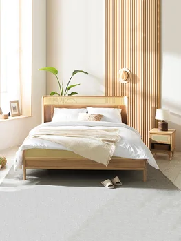Jaapani stiilis rotangist voodi homestay hotel täispuidust voodi, valge vaha puit 1.81.5 magamistoa voodi