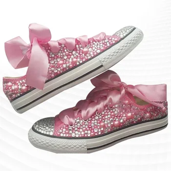 Mood mood käsitöö isikupärastatud roosa pärl kive disain tunne lindi mugav vanema-lapse juhatuse kingad
