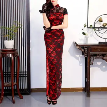 Naiste Hiina Elegantne Kleit-Hiina Stiilis Pits Cheongsam Vintage Topeltklõpsake-kihiline Kõrge Split Slim Fit Qipao Kleit Naistele Retro