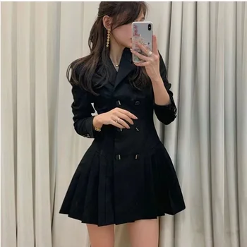 Naiste Kevad-Sügis Must Slim Bleiserid Mini Kleit 2024 Uus Korea Office Lady Graatsiline Topelt Nuppu Kleidid Ülikond Naiste Mantel