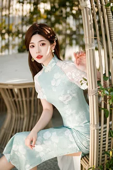Naiste Lühikesed Varrukad Qipao Hiina Riiklik Pikk, Kõrge Split Cheongsam Kleit, Lilleline Vintage Kleidid