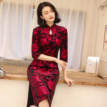 Naiste Punane Samet Cheongsam Hiina Stiilis Naiste Vintage Pikk Kleit Pluss Suurus Qipao Pikad Varrukad Elastne Õhtukleidid