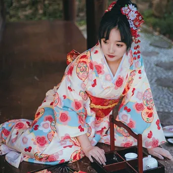 Naiste Traditsiooniline Yukata Kimono Punase Obi Trükitud Cosplay Pikk Rüü Kleit Tants Staadiumis täitmiseks Fotograafia Riided