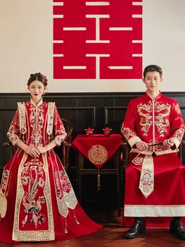 Punane Hiina Pulm Kleit Cheongsam Pärlitest Tikand Abielu Tang Sobiks Oriental Pruut Peigmehe Riided Vintage Qipao
