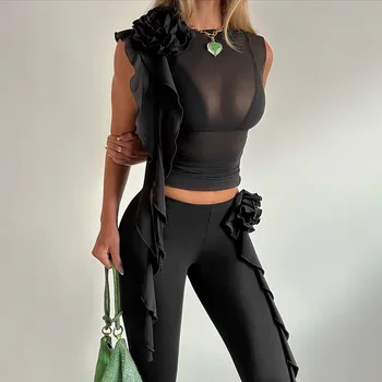 Suvel 2023 Naiste O Kaela Flower Mesh Seksikas Klubi Kõhn Basic Y2K Saagi Tops Fashion Streetwear T-Särk Varustus Tank Tops