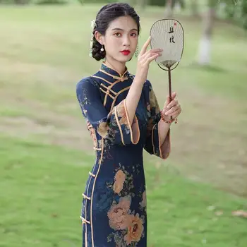 Sügisel Hiina Vintage paranenud qipao kleit Vana Shanghai mandarin krae õhuke kleit pojeng trükkimine, pikk varrukas cheongsam