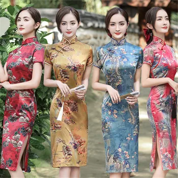 Traditsiooniline Kevadine Mandarin Krae Jää Silk Qipao Lühikeste Varrukatega Varruka Pikkus Hiina Cheongsam Kleit
