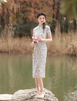 Traditsiooniline Õie Printida Cheongsam Näitavad, Kostüümid, Naiste Lühikesed Varrukad Vintage Kleit, Õhuke Rüü Qipao
