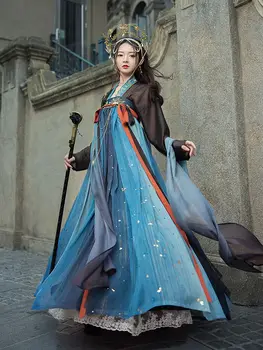 Tranditional Han Styel Kostüüm Lõuna Dünastiate Hanfu Ülikond Must Top Sinine Seelik Tehtud Tang Dünastia, Mille Rinnal Pikkus Seelik