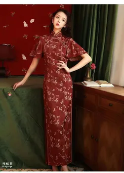 Tume Punane Pikk Qipao Kleidid Ilus Hiina uusaasta Riided Naiste Õhtu Pidulik Lilleline Cheongsam Punane Traditsiooniline Kleit