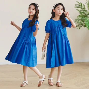 Uus Tüdrukute Suvel Puhvis Varrukad Kleidid Printsess Bowknot Osapoole Disain Lapsed 4 5 6 7 8 9 10 Aastased Lapsed Vabaaja Sinine Kostüüm Vestidos