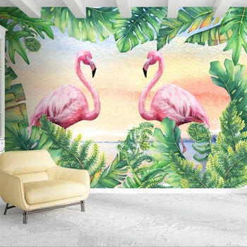 wellyu de papel parede Kohandatud taustpildi Põhjamaade Flamingo Rohelised lehed, taim käsitsi maalitud seina taustapildina 3d behang